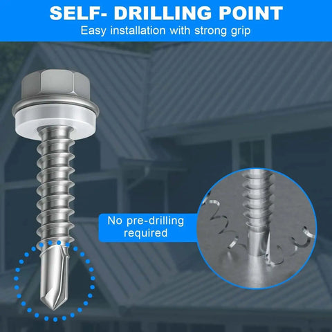 Close-up of self-drilling screw from 300 Piece Self Tapping Screws Assortment Kit Self Drilling For Metal Sheet Metal Screws With Hex Washer Head Rust Resistant Ruspert Coated Built For Indoor Outdoor Use Sizes Eight And Half Inch Three Quarter Inch Ten And Three Quarter Inch One Inch.