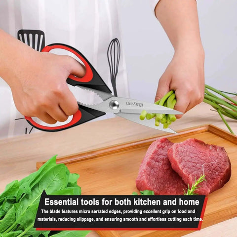 Person using Heavy Duty Kitchen Scissors Set Eight And A Half Inch Two Pack Stainless Steel Shears for slicing green onions