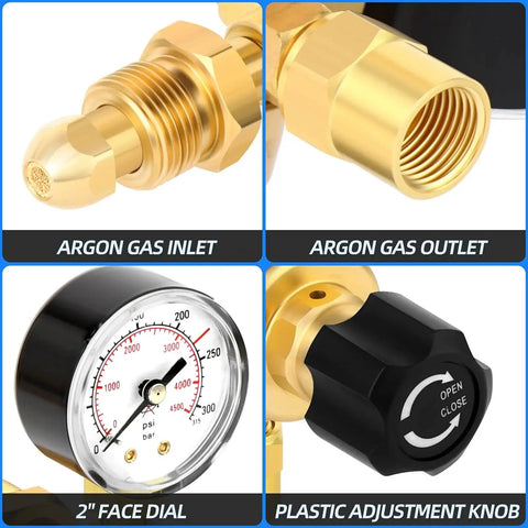 Rugged Argon CO2 Welding Regulator With 2 Inch Dual Gauges showing close-up of argon gas inlet and outlet, 2" face dial, and adjustment knob.