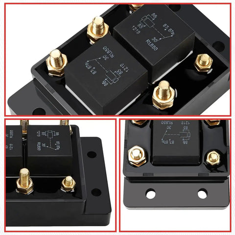 Close-up of 12V 80A Forward And Reverse Relay Terminal Module for tarp winch motor, snow plow, lift replacement, with terminals and housing.