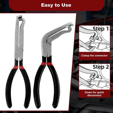 4 Piece Automotive Electrical Disconnect Pliers Set 37960 Straight 37980 60 Degree 13120 Dual Head Carbon Steel Fuel Line Disconnect Tools for Cars Mechanics and DIYers showing two pliers with rubber grips.