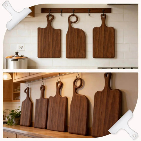 8 Piece Acrylic Router Template Set For Woodworking With 6 Charcuterie Board Templates 2 Tray Templates shown hanging in kitchen