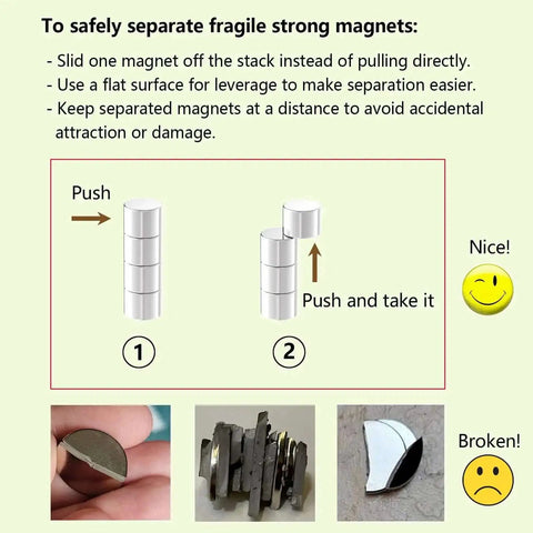 16 Pack Half Inch Neodymium Disc Magnets N52 Rare Earth, Rust Resistant 3 Layer Nickel Copper Nickel Coating, instructions to separate magnets safely.