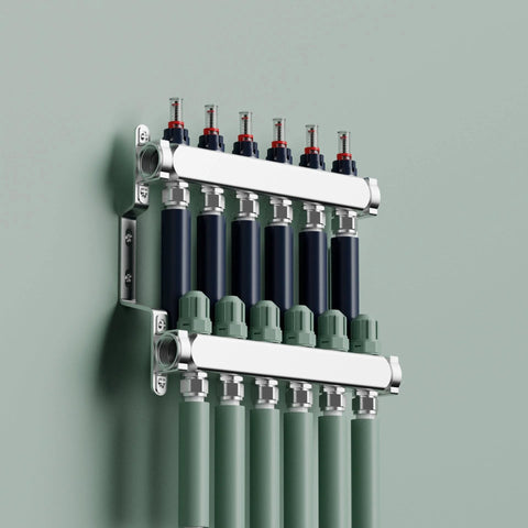 Amazon 6-loop stainless steel radiant floor manifold with flow meters and 1/2 inch compression fittings, wall-mounted