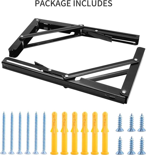 Heavy Duty 16 Inch Folding Shelf Brackets Pack Of 2 By YUMORE Black L Bracket Hinge For Workbench And Folding Tables Works Like A Champ Collapsible Shelf Brackets Supports Up To 330 Lb Durable Steel Construction For DIY Projects with screws and anchors included
