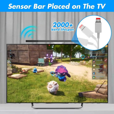Wired Sensor Bar For Wii And Wii U Replacement on TV with game illustration, plug shown with 2000+ bend lifespan detail