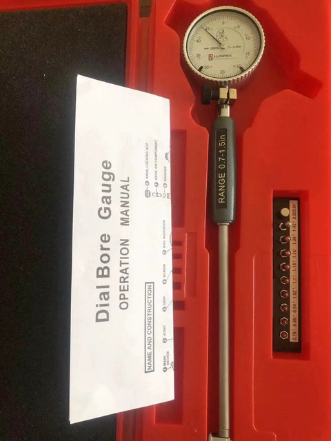 Dial Bore Gage Set 0.7 To 1.5 Inches With Carbide Tipped Contact Points And 0.0005 Inch Graduation, 6 Inch Depth, in case with manual