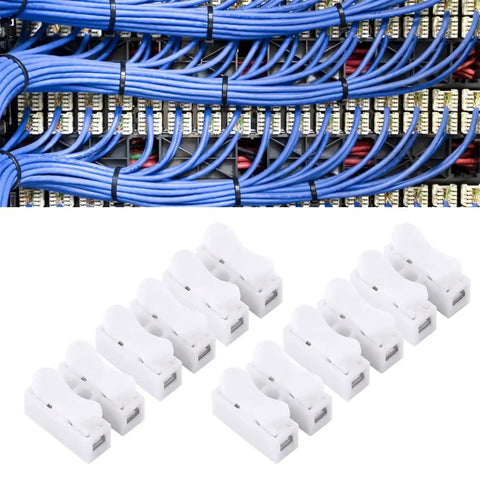 100Pcs Push In Wire Connectors 5A 250V No Fuss Quick Connect Electrical Connectors 2 Pin Cable Connector displayed with wiring setup