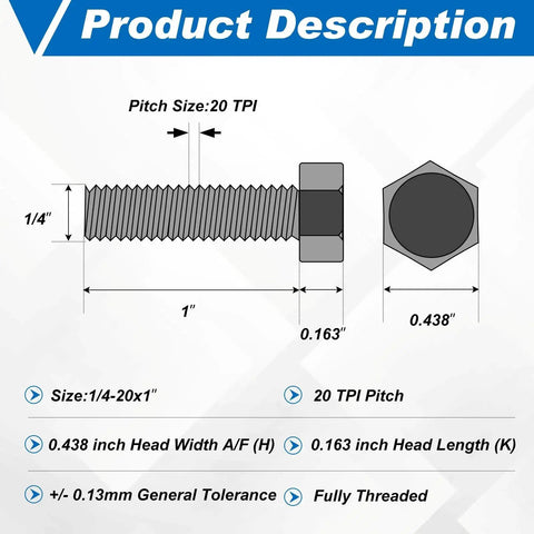 Illustration of 80 Piece Stainless Steel Hex Head Bolt Kit showing bolt dimensions and pitch size for DIY projects.