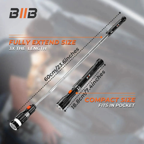 Extendable Magnetic Pickup Tool With LED Flashlight Telescoping Magnet displayed at full and compact size dimensions.