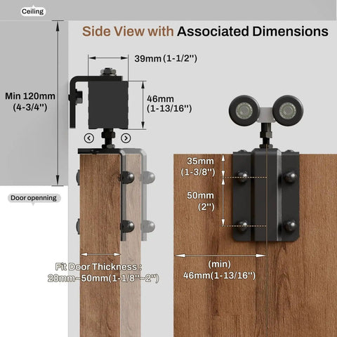 Side view of 8 Ft Box Rail Sliding Barn Door Track Kit, Heavy Duty Aluminum Alloy Wall Mount For Single Door with dimensions.