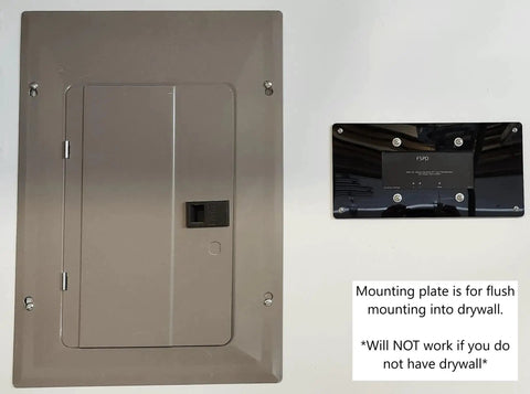 Flush Mount Plate For Whole House Surge Protection Device On Drywall, Black Acrylic Finish, next to electric panel.