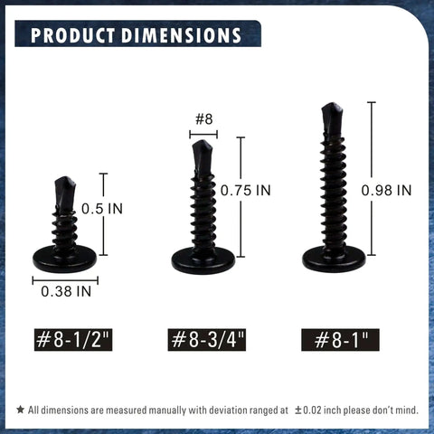 Self Drilling TEK Screws Set For Sheet Metal Number Eight 410 Stainless Steel With Black Dacromet Coating Size Chart