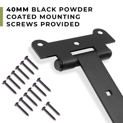 24 Inch Black T Strap Gate Hinges Set with 14 Black Powder Coated Mounting Screws, 4mm Thick Iron, Close-up View