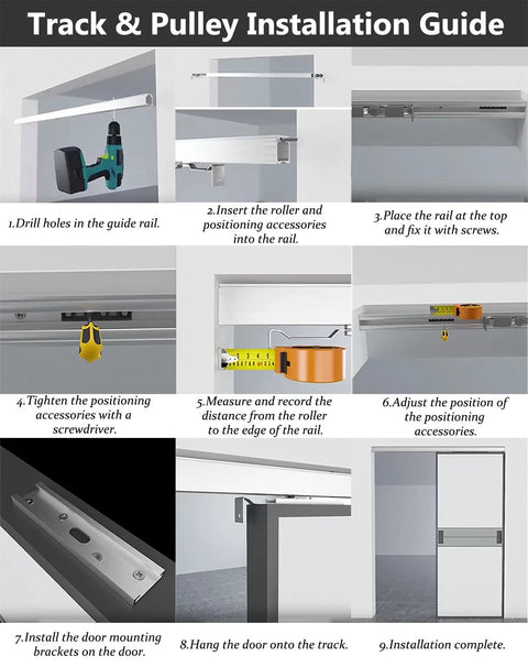 Track and pulley installation guide for Sliding Barn Door Hardware Kit with Soft Close Mechanism and Aluminum Rail System.