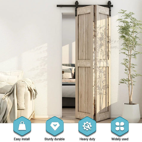 52 Inch Bi Folding Sliding Barn Door Hardware Kit For Two Doors With J Shape Hangers fitted in small space