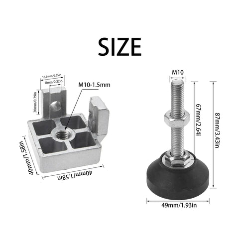 Size diagram of the 4 Sets Of 4040 Aluminum Profile Adjustable Feet For T Slot 8mm Leveling Legs with dimensions and nylon base.