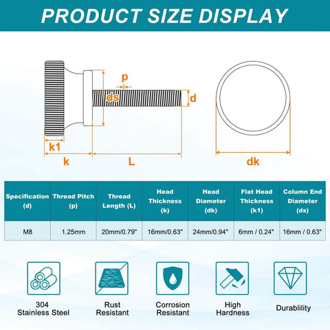 Product size diagram for 4 Pack M8 X 20mm Knurled Thumb Screws In 304 Stainless Steel With Diamond Head And Shoulder Grip Knobs