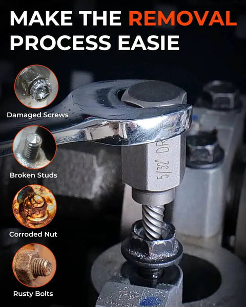 Close-up of 19 Piece Screw Extractor And Left Hand Drill Bit Set With HSS Steel Reverse Drill Bits in use on a stripped bolt