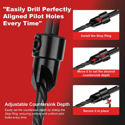 Woodworking Countersink Drill Bit Set 15 Piece Kit With M2 Cobalt HSS Tapered Bits showing adjustable depth stop in use