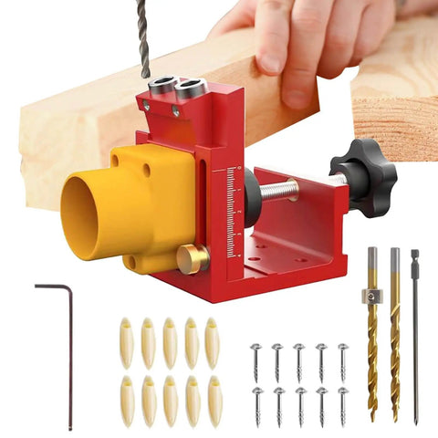 Pocket Hole Jig Adjustable Aluminum Alloy Pocket Drill Hole System For Metalworking Deck Cabinet Desk Masonry Carpentry Construction Assembly Hardware Installation Build Strong Joints Fast with red aluminum body and drill bits shown