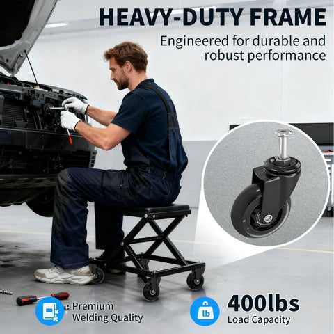 Mechanic using a stool in a garage with close-up of Creeper Caster Wheels Set Of 4 Heavy Duty 2.5 Inch Casters Replacement Roller