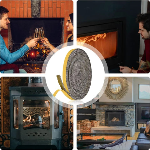 Flat fiberglass stove gasket tape roll, self-adhesive, 1/8 in thick x 3/8 in wide, 118 in long.