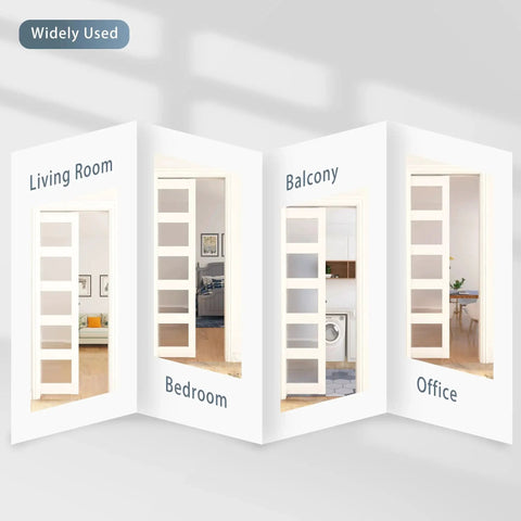 Commercial Grade 6Ft Pocket Door Hardware And Track Set With Soft Close Mechanism shown installed in various rooms