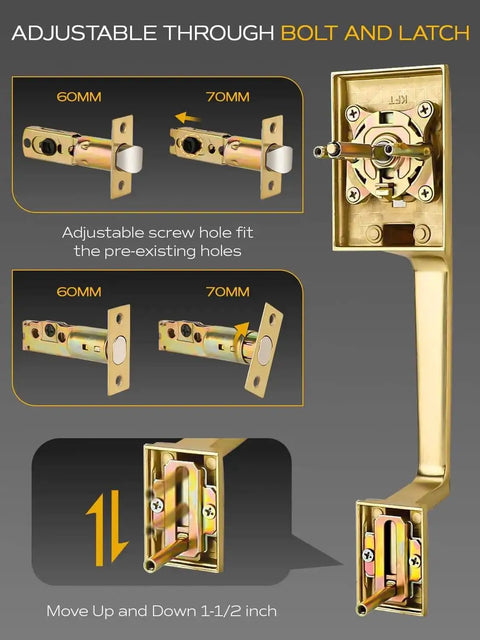 Satin brass adjustable bolt and latch for Double Front Door Handle Set With Satin Brass Exterior Lock Front Door Handle And Single Cylinder Deadbolt Heavy Duty Door Hardware Built For Easy No Fuss Home Entry Security.