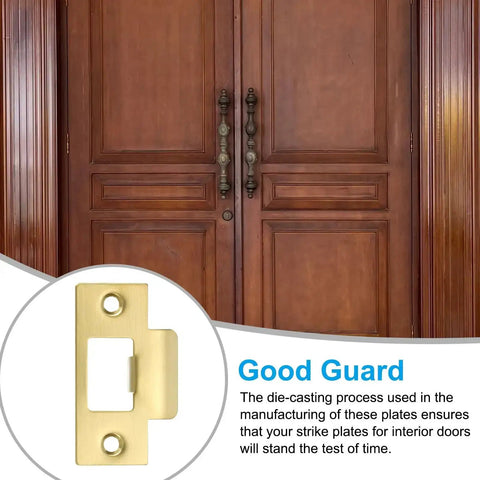 2-3/4 Inch Stainless Steel Gold Door Strike Plate Set, 2 Pack With Screws, for Interior and Exterior Doors, installed view