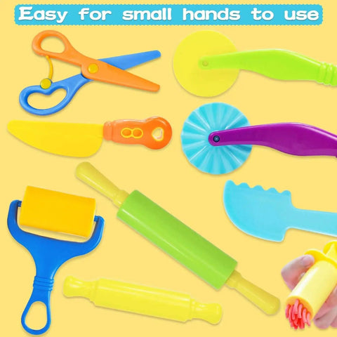 Creative 9 Piece Dough Tool Set For Kids Ages 4 To 8 With Colorful Cutters Rolling Pins Plastic Scissors Plastic Knife And Rollers By LCY WEDSHI For Safe Messy Play With Dough Clay Or Sand displayed on yellow background