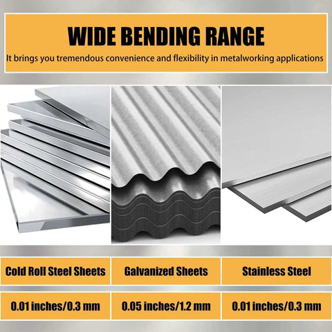 Wide bending range for 12 Inch Sheet Metal Folding Tool With Dual Depth Gauges One Inch And Three Eighths Inch Depth For HVAC Roofing