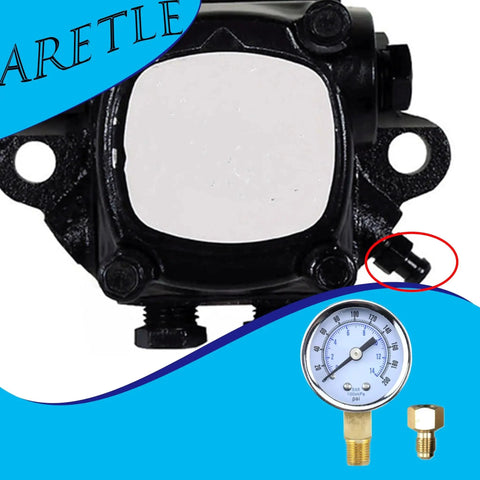 Oil Burner Fuel Pressure Test Gauge 0-200 PSI with 1.5 inch dial, chrome bezel, 1/8 inch NPT port, and nozzle adapter visible