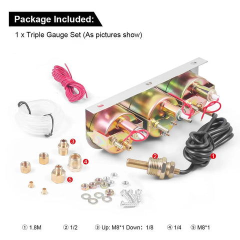 Universal Chrome 2 Inch 3 In 1 Triple Gauge Set Kit with installation accessories displayed, including wiring and connectors.