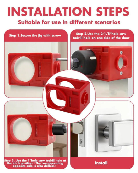 Door Hinge Jig And Door Lock Installation Kit Pro Combo Aluminum Router Template steps for hinge mortising and lock drilling.