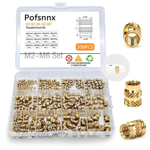 350 Pcs Brass Heat Set Threaded Inserts Kit For Plastic And 3D Printing M2 To M6, Knurled Outer Grip For A Tight Fit