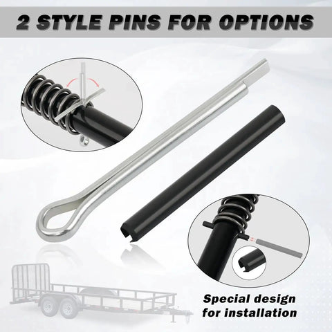 Heavy Duty Trailer Gate Spring Latch Kit With Extra Pins 2 Pack For Carry On And Utility Trailers Includes L Shaped Retainer Pins Springs And Roll Pins Durable Iron Construction For Quick Gate Repair showcasing two style pin options and installation design.