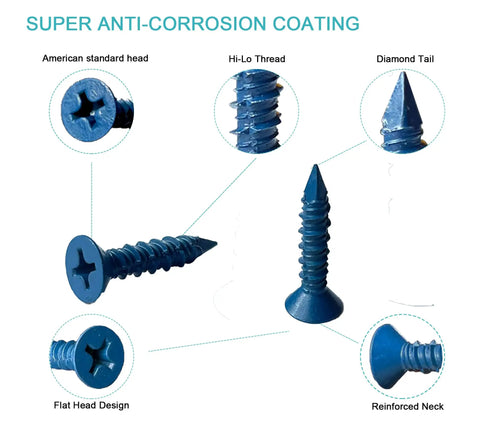 Image showing close-up details of One Quarter By One And A Quarter Inch Flat Head Concrete Screws 100 Pack For Masonry Anchors In Concrete Brick Or Block High And Low Thread Carbon Steel 1022A featuring American standard head and diamond tail.