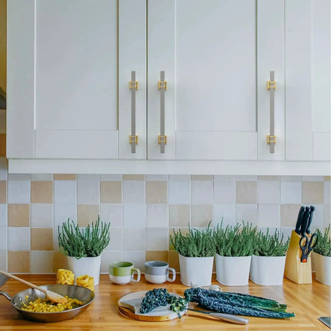 10 Pack 5 Inch Brushed Satin Nickel And Gold Cabinet Handles Set For Kitchen Cabinets And Cupboards, installed on white doors.