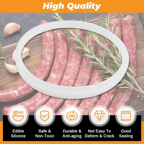 Universal Sausage Stuffer Gasket Replacement O Ring Seal For Vertical And Horizontal 3 5 7 L Sausage Makers Fits Most Brands Replacement Plunger Gasket Part displayed on a wooden table with garlic and sausages.