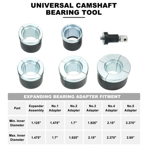 Universal Cam Bearing Removal and Installation Tool Set for Camshaft Bearings 1.125 to 2.690 Inches with adapters displayed.