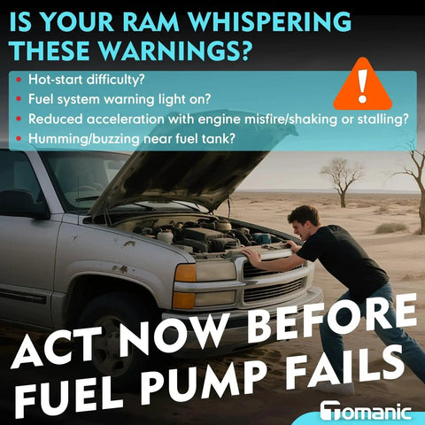 Man inspecting truck with text warnings about fuel pump issues, suggesting 12V Diesel Fuel Pump For Ram 2500 3500 Pickup 1997 1998 1999 2000 2001 2002 5.9L Cummins Turbo Diesel Direct Replacement Plug And Play OEM Compatible With 100 Percent OE Matched Connectors No Cutting Needed.
