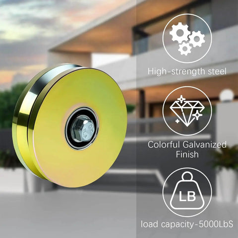 2 Pack 6 Inch V Groove Wheels With Solid Steel Sliding Wheel and dual sealed bearings shown with icons of features and house background