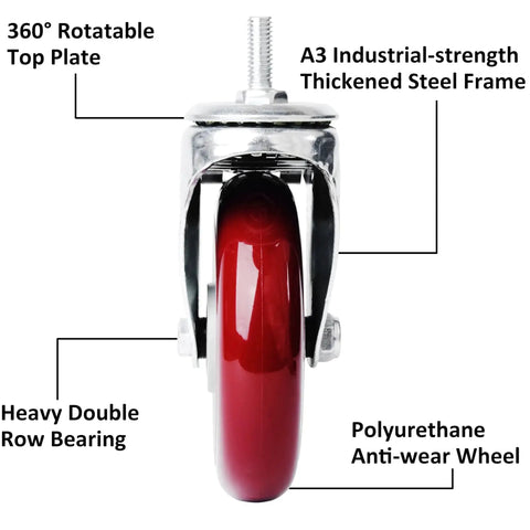 Finnhomy 5-inch swivel caster wheel, front view, red polyurethane wheel, threaded 3/8-16 stem, brake