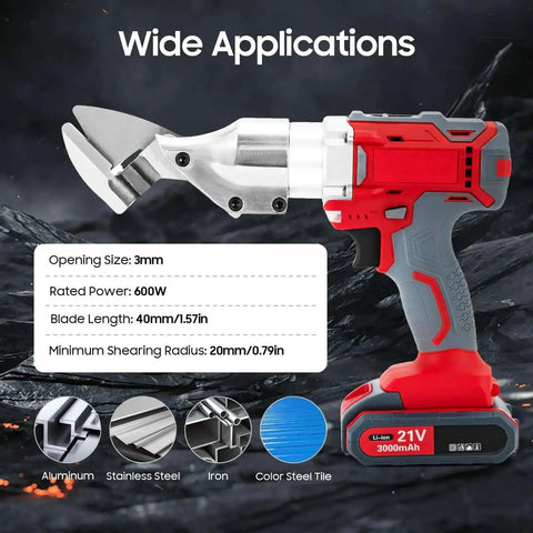 21V cordless metal shears with variable speed for cutting aluminum and iron, showcasing blade and battery details in a workshop setting