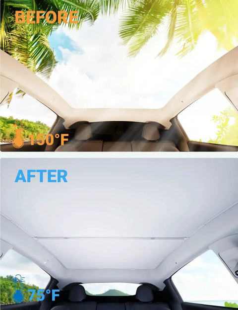 Before and after installation of Tesla Model Y Glass Roof Sunshade With Nano Ice Coating No Gap No Sag showing temperature difference.