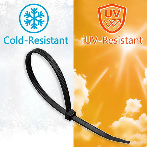 10 Inch Black Cable Ties 100 Pack Heavy Duty 45Lb Tensile Strength UV Resistant Nylon Wire Ties For Home Auto And Outdoor Projects Durable And Versatile 0.14 Inch Wide shown with cold and UV resistance features.
