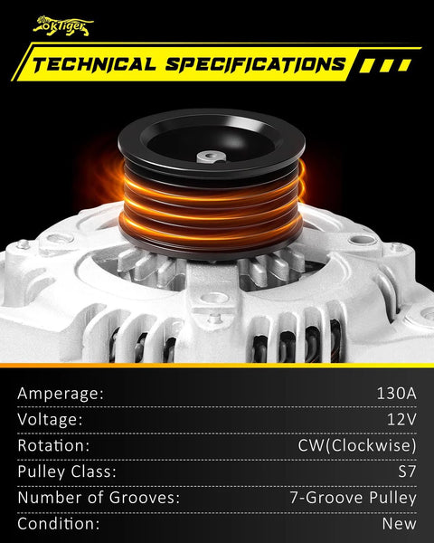 Beefed-Up 130A 12V Alternator For Honda Accord 2008-2012 And Acura TSX 2009-2014, Clockwise 7-Groove Pulley, product specs view