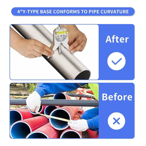 Person using Pipe Center Finder And Marker Centering Tool For Welders And Pipe Fitters With Pro Grade Adjustable Dial Bubble Protractor on metal pipe.