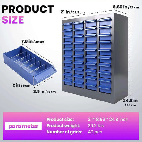 40 Drawer Parts Cabinet With ABS Drawers And Dividers, Pro Grade Heavy Duty Steel Bolt Organizer For Garage, Workshop, Home And Office